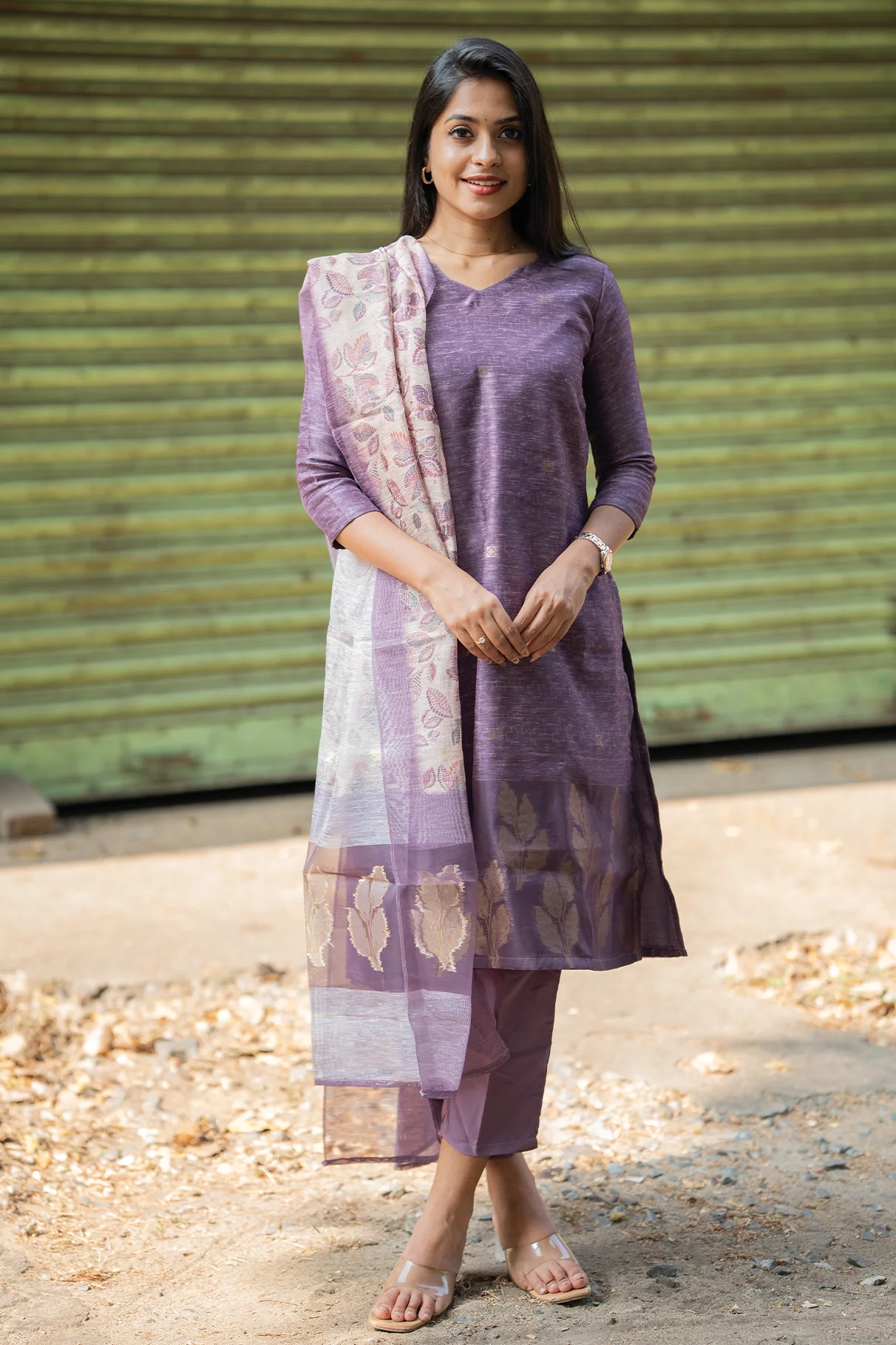 Petal Mist Jacquard 3 Piece Linen Kurta Set with Dupatta